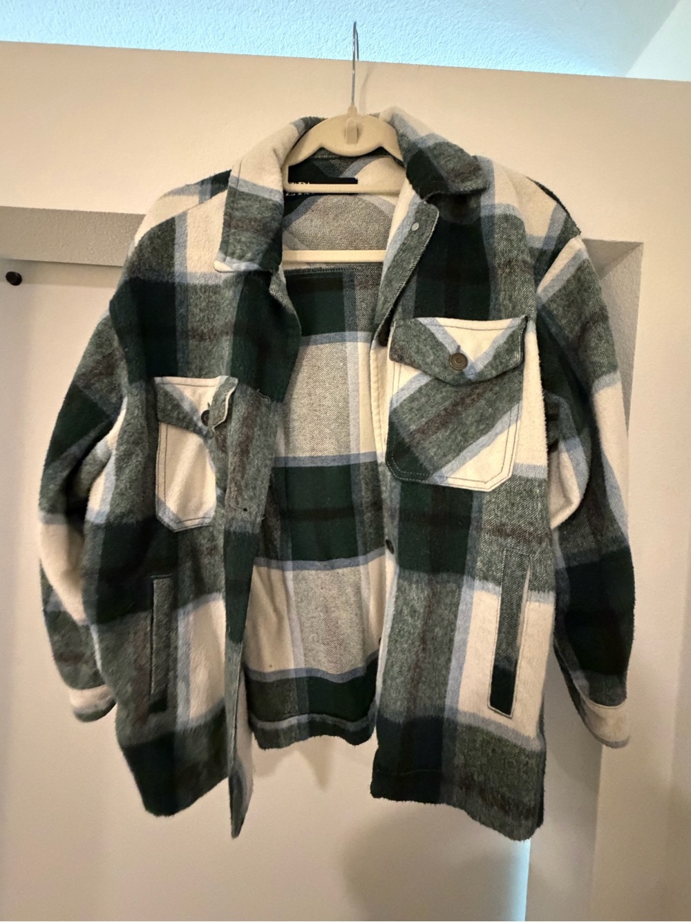 Zara Green and Cream Plaid Ski-Style Jacket